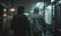 Спортики в дождевых куртках на узкой улице